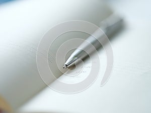 Ballpoint metal pen lying on open diary closeup