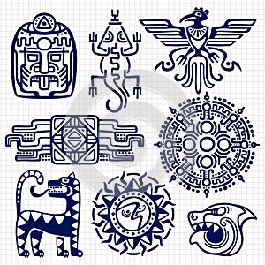 Ballpoint pen american aztec, mayan culture native totems on notebook background