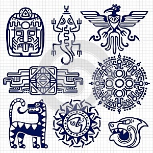 Ballpoint pen american aztec, mayan culture native totems on notebook background photo