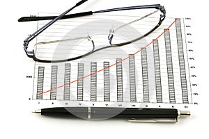 Ballpoint pen and glasses on earning graphs