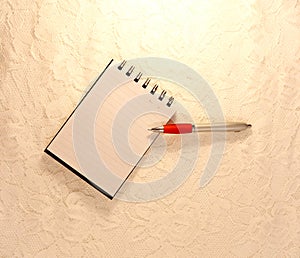 A ballpoint pen lies with its tip on an open notebook with blank lined page.