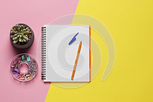 Ballpoint pen, notebook and different clips on color background, flat lay