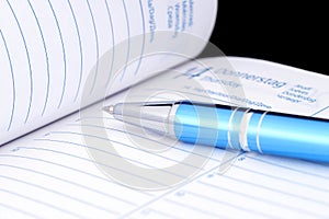 Ballpoint pen on notebook.