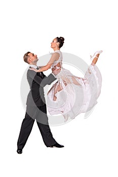 ballrom dance couple in a dance pose isolated on white bachground