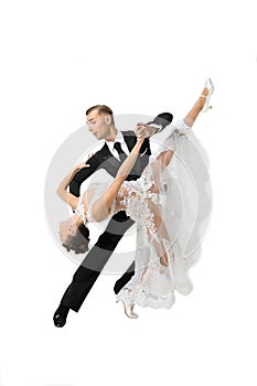 ballrom dance couple in a dance pose isolated on white bachground