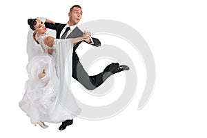 Ballrom dance couple in a dance pose isolated on white bachground