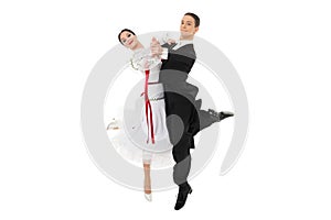 Ballroom dance couple in a dance pose isolated on white background. ballroom sensual proffessional dancers dancing walz