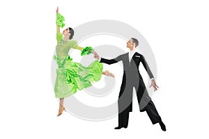 Ballroom dance couple in a dance pose isolated on white background. ballroom sensual proffessional dancers dancing walz