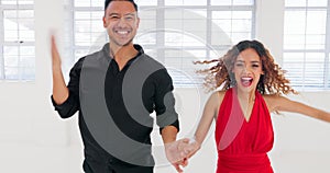 Ballroom, dance and salsa with couple in studio for learning, workout and performance. Music, date and creative with man