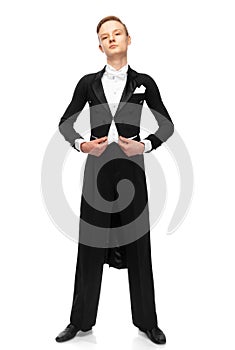 Ballroom dancer dressed in a tailcoat on white background