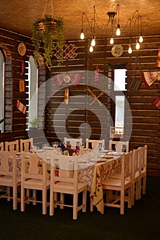 Ballroom with festive meals. restaurant arranged for the event