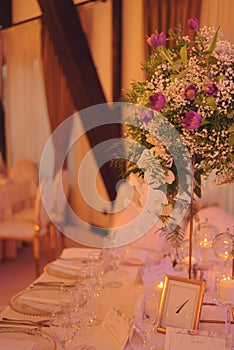 Ballroom with festive meals. restaurant arranged for the event