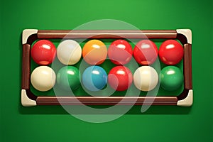 Balls for billiards snooker arranged on a green playing surface