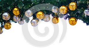 Balls on a branch of a Christmas tree, isolate. Christmas decorations on white background