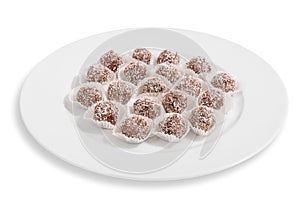 Balls of coconut and chocolate.