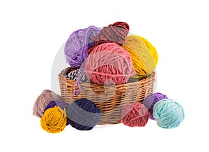 Balls colored threads isolated on background, wool knitting.