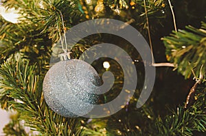 Balls decorated with Christmas tree decorations. New year and Christmas festivals. Copy space background