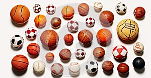 Balls of different sports on white background - AI generated image