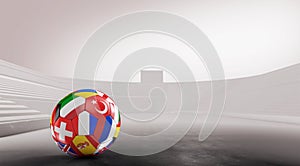 Balls with Europe countries and European flags in the stadium.