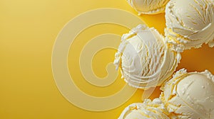 Balls of fresh cream ice cream on a yellow background