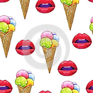 Balls ice cream in a wafer cone with pink female lips on a white background. Color drawing markers. Seamless pattern for design