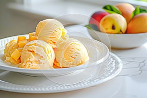 Balls of mango ice cream lie in a white bowl on a marble surface. AI generated.