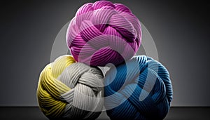 Balls of multicolored wool stacked on a dark background, different types of wool. Illustration. Generative AI