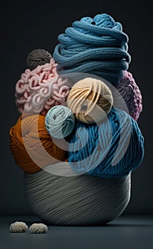 Balls of multicolored wool stacked on a dark background, different types of wool. Illustration. Generative AI