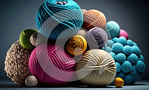 Balls of multicolored wool stacked on a dark background, different types of wool. Illustration. Generative AI