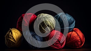 Balls of multicolored wool stacked on a dark background, different types of wool