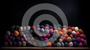 Balls of multicolored wool stacked on a dark background, different types of wool