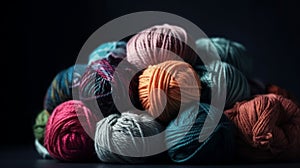 Balls of multicolored wool stacked on a dark background, different types of wool