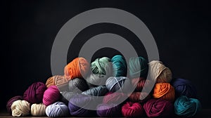 Balls of multicolored wool stacked on a dark background, different types of wool