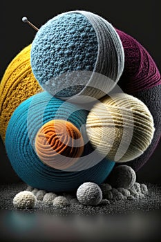 Balls of multicolored wool stacked on a dark background, different types of wool. Illustration. Generative AI