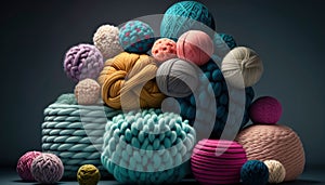 Balls of multicolored wool stacked on a dark background, different types of wool. Illustration. Generative AI