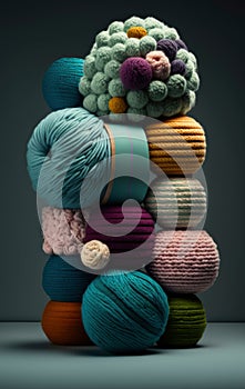 Balls of multicolored wool stacked on a dark background, different types of wool. Illustration. Generative AI