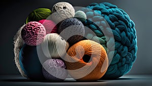 Balls of multicolored wool stacked on a dark background, different types of wool. Illustration. Generative AI