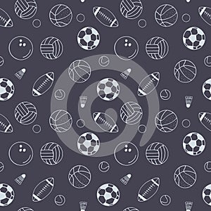 balls seamless pattern. hand drawn doodle. , scandinavian, nordic, minimalism, monochrome. sports equipment, game