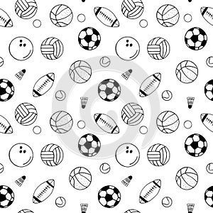 balls seamless pattern. hand drawn doodle. vector, scandinavian, nordic, minimalism, monochrome. sports equipment, game