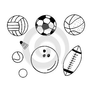 balls set. hand drawn doodle icon. , scandinavian, nordic, minimalism, monochrome. sports equipment, game, football