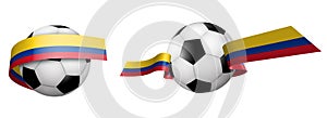 Balls for soccer, classic football in ribbons with the colors of Columbia flag. Design element for football competitions. Colombia