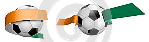 Balls for soccer, classic football in ribbons with colors Cote d`Ivoire flag. Design element for football competitions. Isolated
