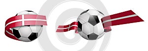 Balls for soccer, classic football in ribbons with colors of Denmark flag. Design element for football competitions. Denmark
