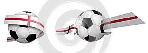 Balls for soccer, classic football in ribbons with colors of English flag. Design element for football competitions. English