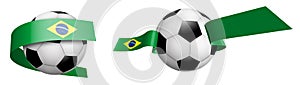 Balls for soccer, classic football in ribbons with colors Flag of Republic of Brazil. Design element for football competitions.