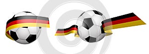 Balls for soccer, classic football in ribbons with the colors of the German flag. Design element for football competitions. German