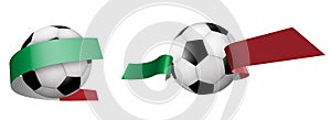 Balls for soccer, classic football in ribbons with colors of Italian flag. Design element for football competitions. Italian