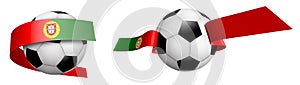 Balls for soccer, classic football in ribbons with colors Portugal flag. Design element for football competitions. Portugal