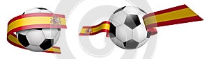 Balls for soccer, classic football in ribbons with colors Spain flag. Design element for football competitions. Spain national