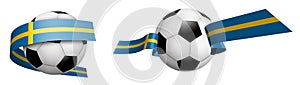 Balls for soccer, classic football in ribbons with colors of Sweden flag. Design element for football competitions. Swedish